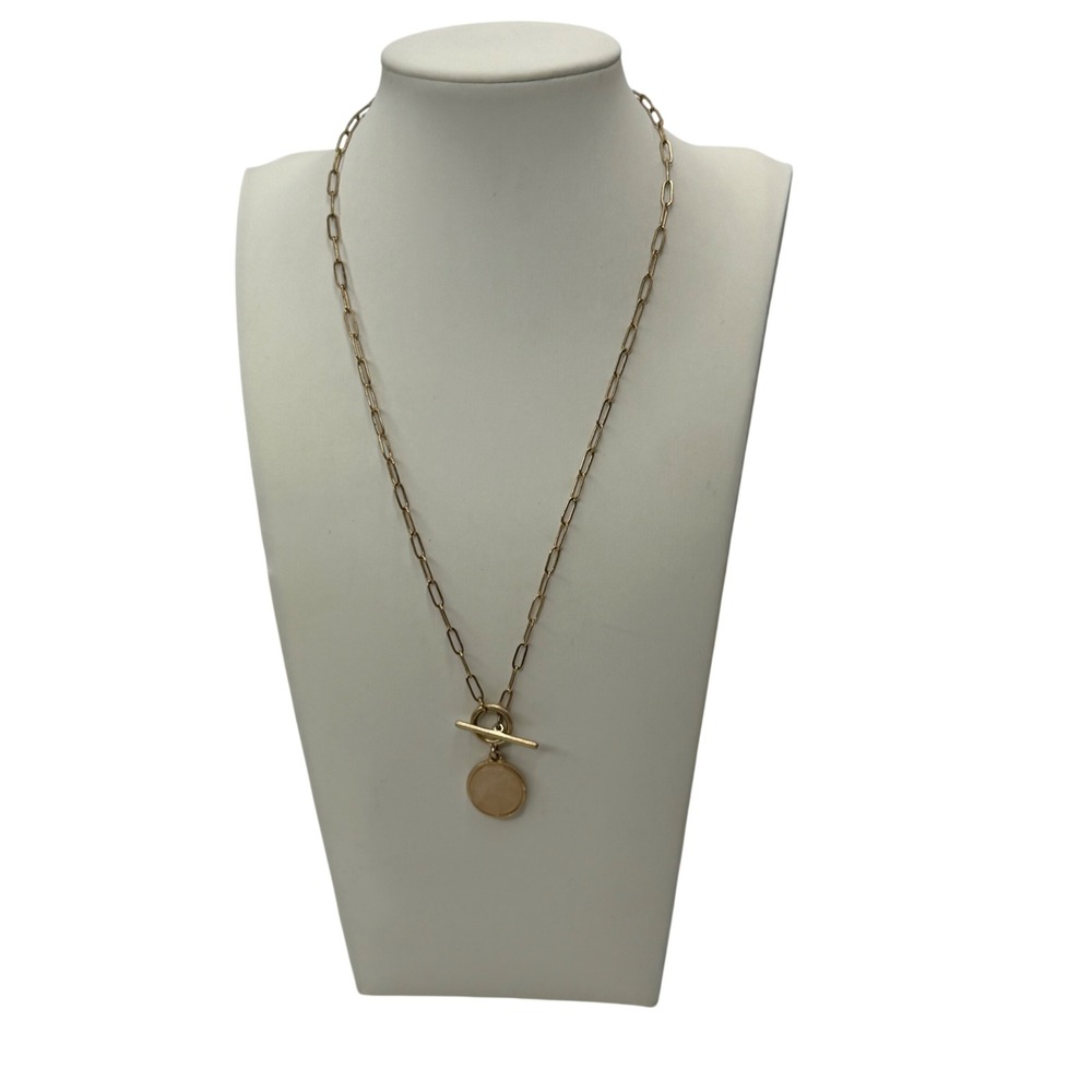 Gold Tone Paperclip Chain Necklace Toggle Clasp Peach Stoneโ Round Pendant Y2K